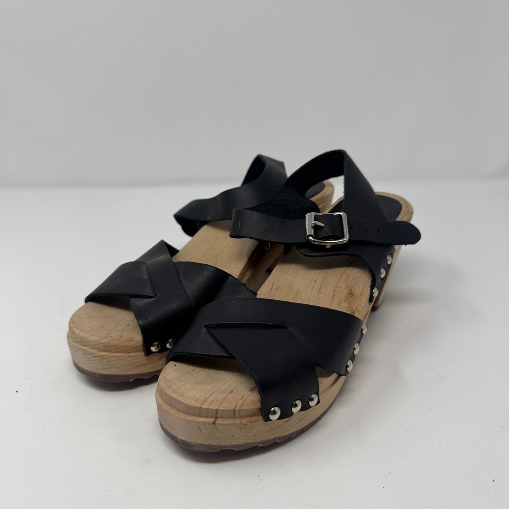 Y2K Mia Gertrude Slingback Clog Sandals Women 37/7 Black Leather Swedish Studded